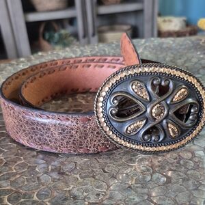 Brown Leather 3D Branded Belt with Ornate Buckle & Whip Stitching On The Edge.